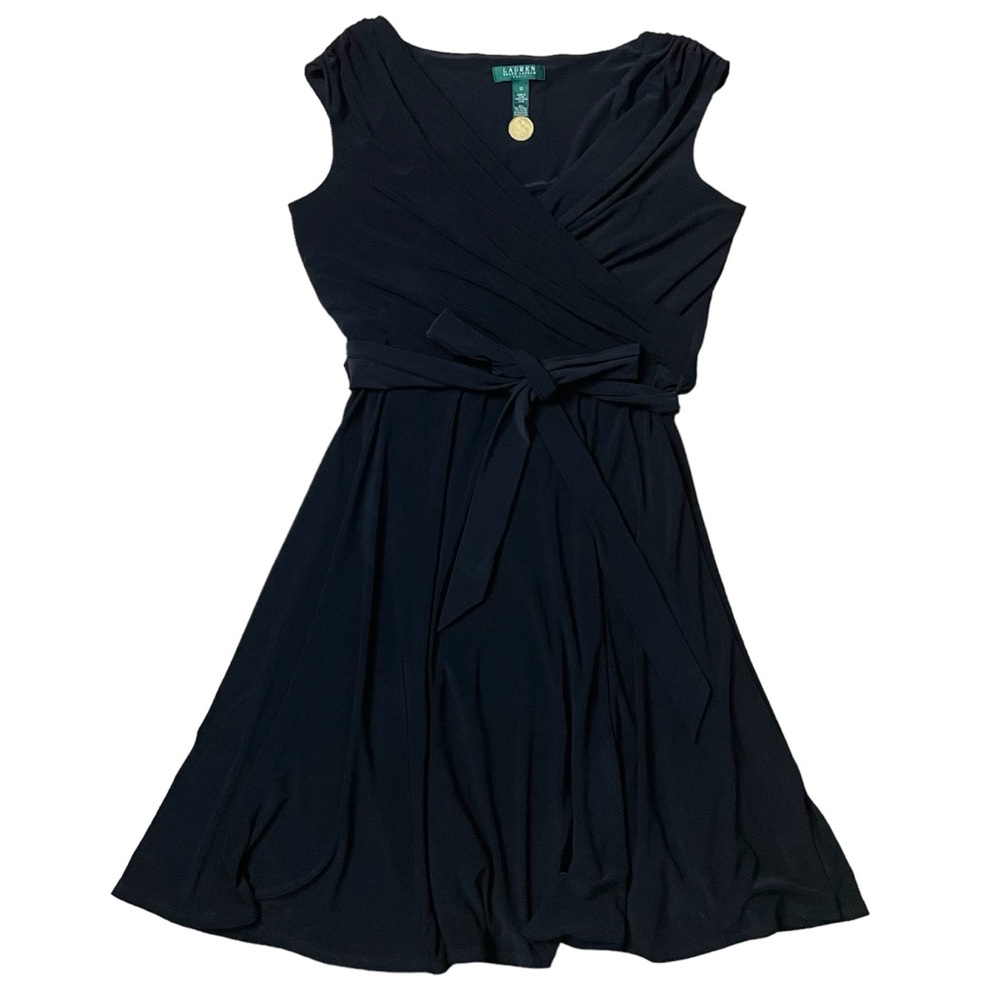 Ralph Lauren Sleeveless V-neck Faux Wrap Black Dress Size 12